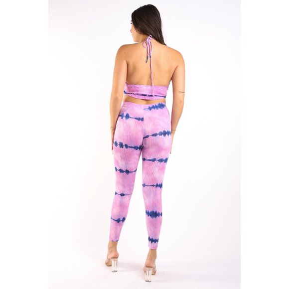 Women Tie Dye Printed Rib Halter Top and Matching Legging 2 piece Sets Sexy Cute - Picture 6 of 9